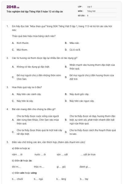 Trắc nghiệm bài tập Tiếng Việt 5 tuần 12 có đáp án
