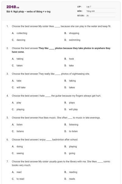 Bài 4: Ngữ pháp – verbs of liking + v-ing