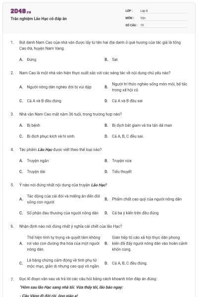 Trắc nghiệm Lão Hạc có đáp án