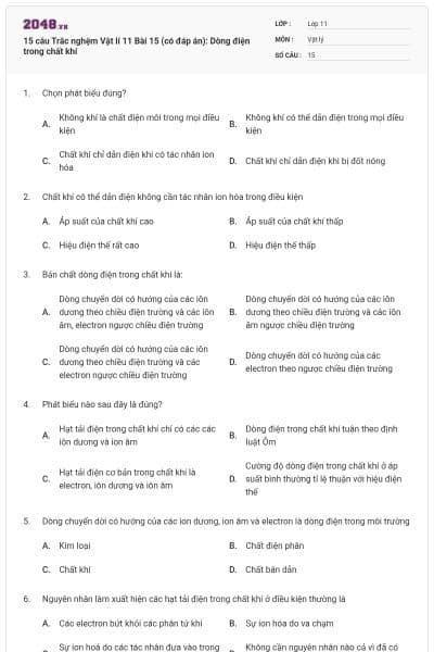 15 câu Trắc nghệm Vật lí 11 Bài 15 (có đáp án): Dòng điện trong chất khí