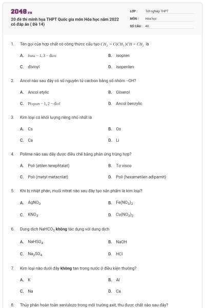 20 đề thi minh họa THPT Quốc gia môn Hóa học năm 2022 có đáp án ( Đề 14)