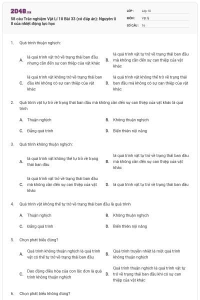 58 câu Trắc nghiệm Vật Lí 10 Bài 33 (có đáp án): Nguyên lí II của nhiệt động lực học