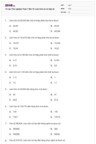 15 câu Trắc nghiệm Toán 7 Bài 10: Làm tròn số có đáp án