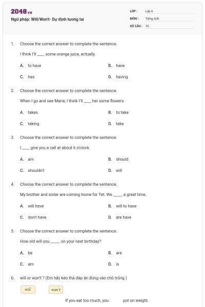 Ngữ pháp: Will/Won't- Dự định tương lai