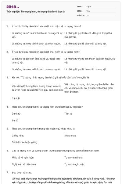 Trắc nghiệm Từ tượng hình, từ tượng thanh có đáp án