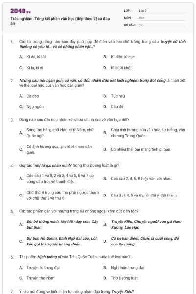 Trắc nghiệm: Tổng kết phần văn học (tiếp theo 2) có đáp án