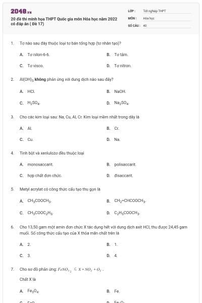 20 đề thi minh họa THPT Quốc gia môn Hóa học năm 2022 có đáp án ( Đề 17)