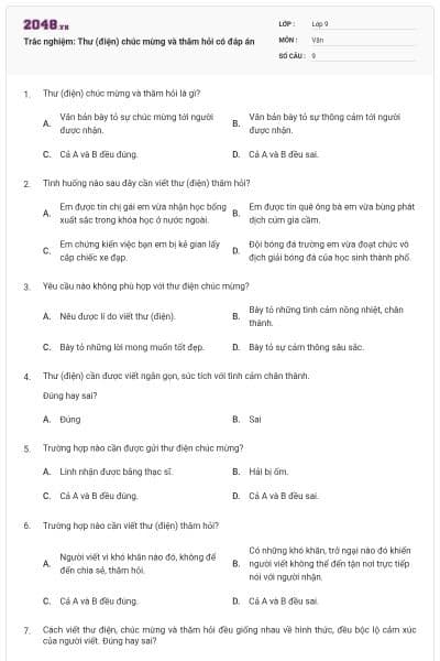 Trắc nghiệm: Thư (điện) chúc mừng và thăm hỏi có đáp án