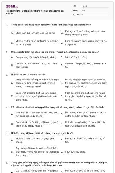 Trắc nghiệm: Từ ngôn ngữ chung đến lời nói cá nhân có đáp án