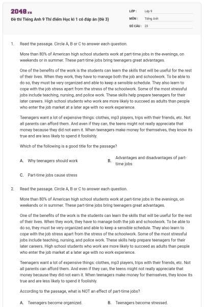 Đề thi Tiếng Anh 9 Thí điểm Học kì 1 có đáp án (Đề 3)