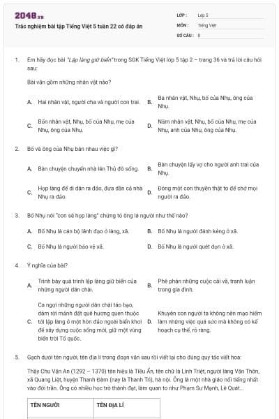 Trắc nghiệm bài tập Tiếng Việt 5 tuần 22 có đáp án