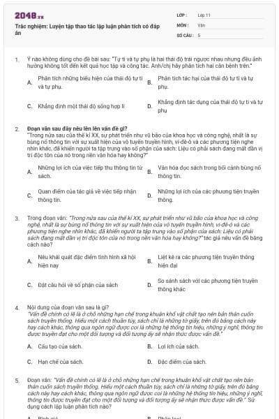 Trắc nghiệm: Luyện tập thao tác lập luận phân tích có đáp án