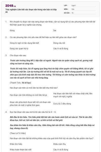 Trắc nghiệm Liên kết các đoạn văn trong văn bản có đáp án