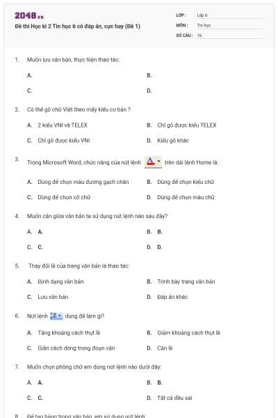 Đề thi Học kì 2 Tin học 6 có đáp án, cực hay (Đề 1)