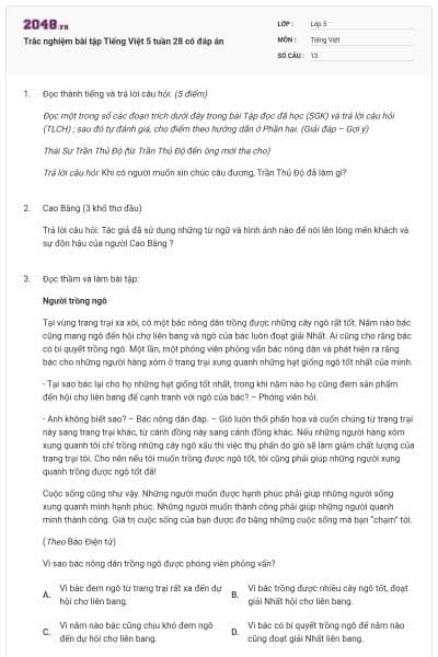 Trắc nghiệm bài tập Tiếng Việt 5 tuần 28 có đáp án