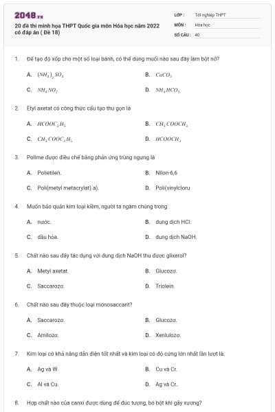 20 đề thi minh họa THPT Quốc gia môn Hóa học năm 2022 có đáp án ( Đề 18)