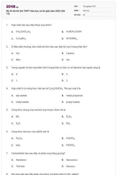 Bộ 25 đề thi thử THPT Hóa học có lời giải năm 2022 (Đề 15)