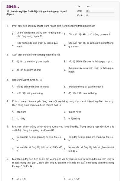 18 câu trắc nghiệm Suất điện động cảm ứng cực hay có đáp án