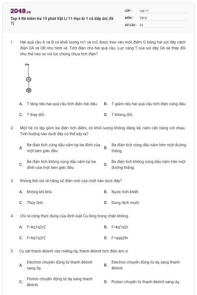 Top 4 Đề kiểm tra 15 phút Vật Lí 11 Học kì 1 có đáp án( đề 1)