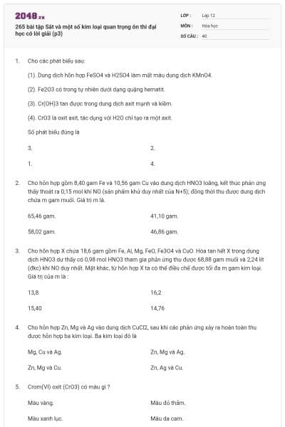 265 bài tập Sắt và một số kim loại quan trọng ôn thi đại học có lời giải (p3)