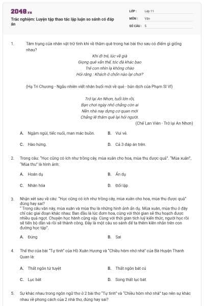 Trắc nghiệm: Luyện tập thao tác lập luận so sánh có đáp án