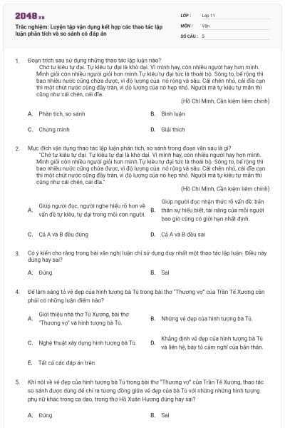 Trắc nghiệm: Luyện tập vận dụng kết hợp các thao tác lập luận phân tích và so sánh có đáp án