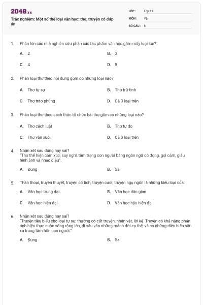 Trắc nghiệm: Một số thể loại văn học: thơ, truyện có đáp án