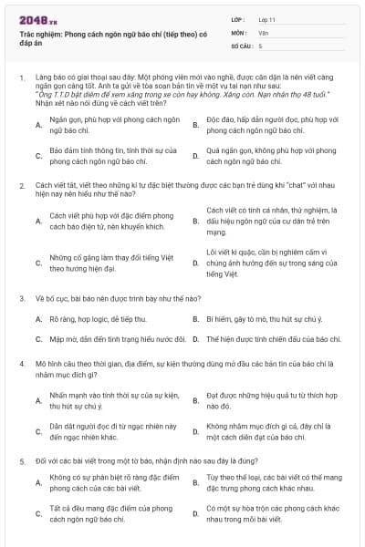 Trắc nghiệm: Phong cách ngôn ngữ báo chí (tiếp theo) có đáp án