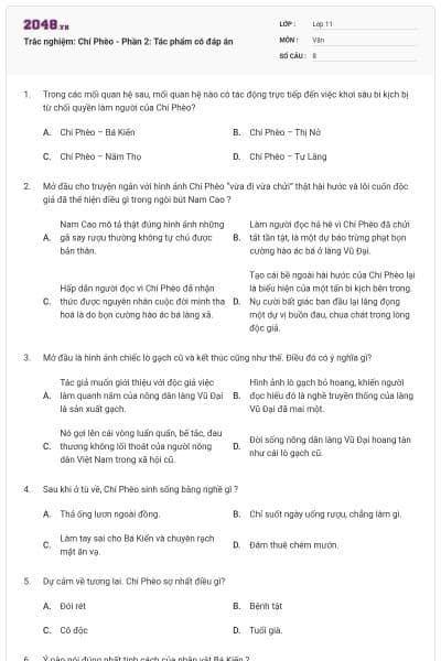 Trắc nghiệm: Chí Phèo - Phần 2: Tác phẩm có đáp án