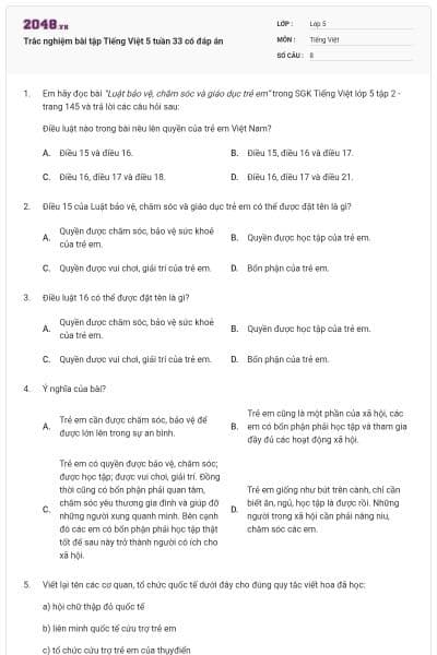 Trắc nghiệm bài tập Tiếng Việt 5 tuần 33 có đáp án