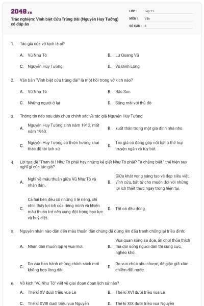 Trắc nghiệm: Vĩnh biệt Cửu Trùng Đài (Nguyễn Huy Tưởng) có đáp án