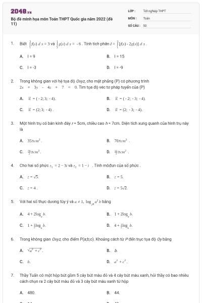 Bộ đề minh họa môn Toán THPT Quốc gia năm 2022 (đề 11)