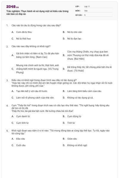 Trắc nghiệm: Thực hành về sử dụng một số kiểu câu trong văn bản có đáp án