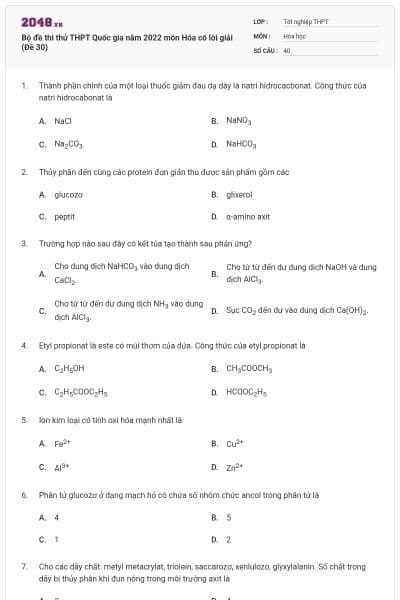 Bộ đề thi thử THPT Quốc gia năm 2022 môn Hóa có lời giải (Đề 30)