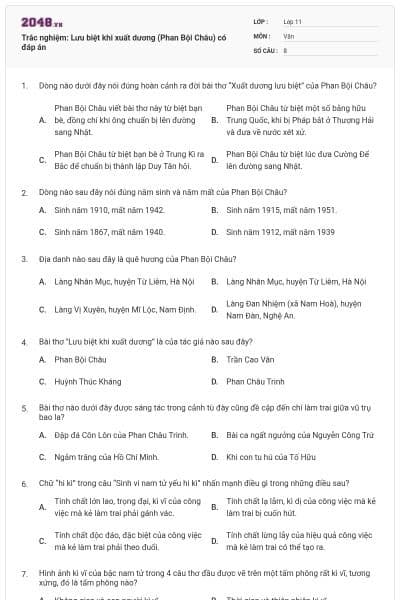 Trắc nghiệm: Lưu biệt khi xuất dương (Phan Bội Châu) có đáp án