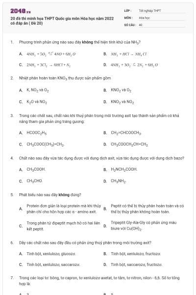 20 đề thi minh họa THPT Quốc gia môn Hóa học năm 2022 có đáp án ( Đề 20)