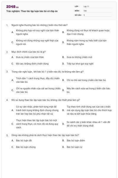 Trắc nghiệm: Thao tác lập luận bác bỏ có đáp án