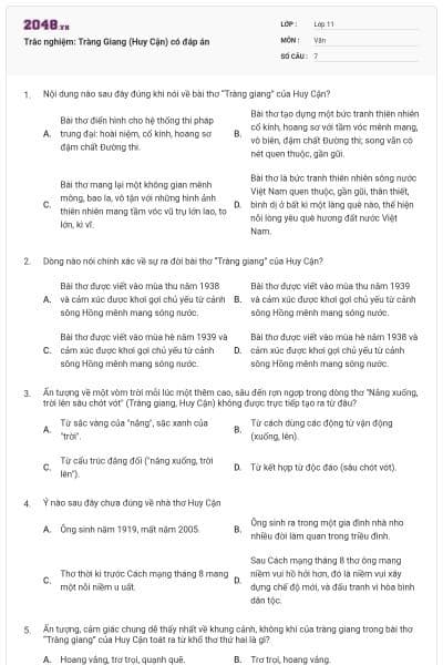 Trắc nghiệm: Tràng Giang (Huy Cận) có đáp án