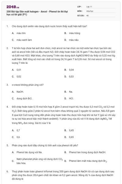 200 Bài tập Dẫn xuất halogen - Ancol - Phenol ôn thi Đại học có lời giải (P1)