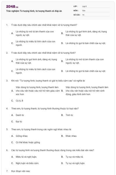 Trắc nghiệm Từ tượng hình, từ tượng thanh có đáp án