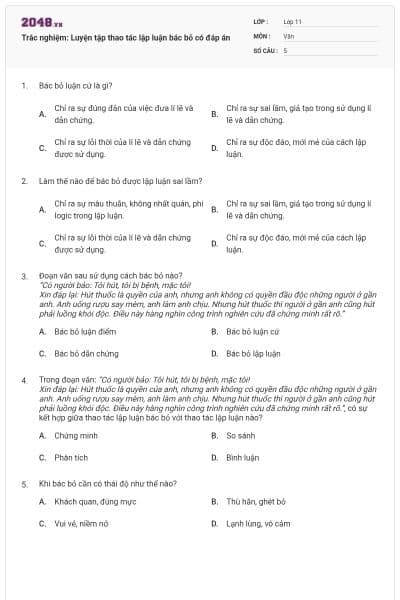 Trắc nghiệm: Luyện tập thao tác lập luận bác bỏ có đáp án