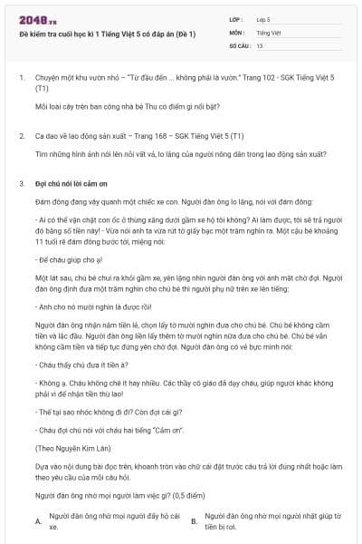 Đề kiểm tra cuối học kì 1 Tiếng Việt 5 có đáp án (Đề 1)