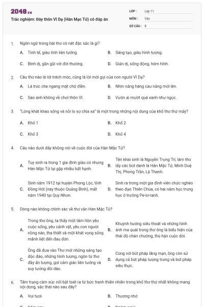 Trắc nghiệm: Đây thôn Vĩ Dạ (Hàn Mạc Tử) có đáp án