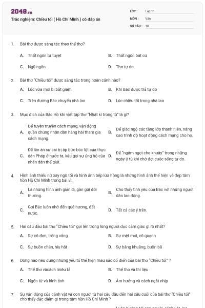 Trắc nghiệm: Chiều tối ( Hồ Chí Minh ) có đáp án