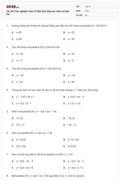 28 câu Trắc nghiệm Toán 10 Bài 3(có đáp án): Hàm số bậc hai