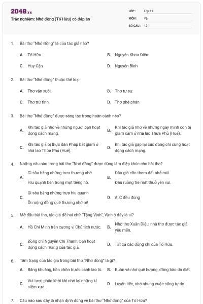 Trắc nghiệm: Nhớ đồng (Tố Hữu) có đáp án