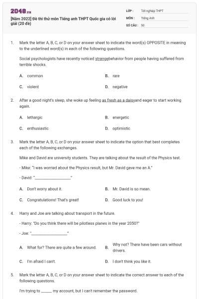 [Năm 2022] Đề thi thử môn Tiếng anh THPT Quốc gia có lời giải (20 đề)