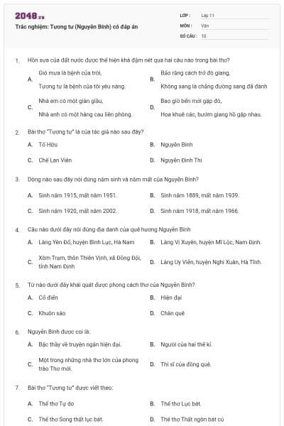 Trắc nghiệm: Tương tư (Nguyễn Bính) có đáp án