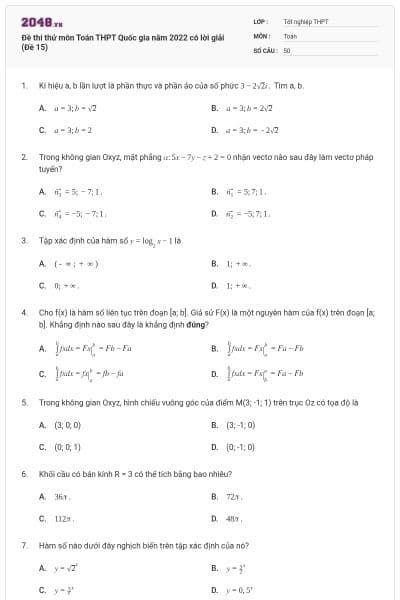 Đề thi thử môn Toán THPT Quốc gia năm 2022 có lời giải (Đề 15)