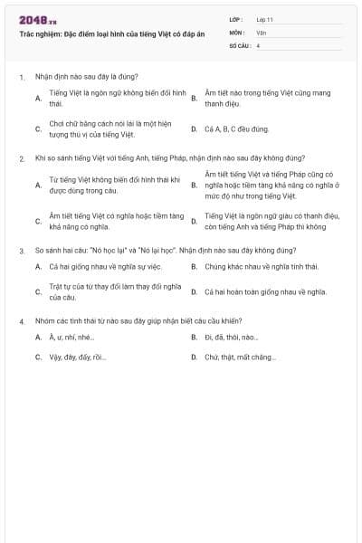 Trắc nghiệm: Đặc điểm loại hình của tiếng Việt có đáp án